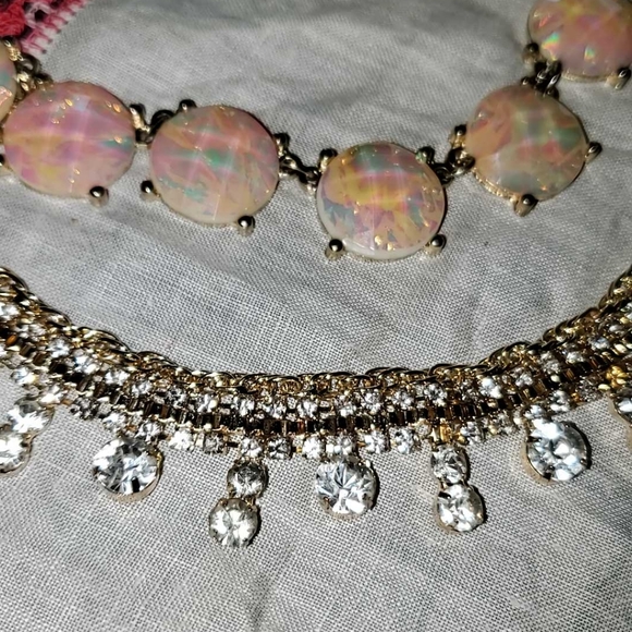 Double Strand Necklace Mexican Opal & Crystal Rhinestones on Gold Tone Chains - Picture 3 of 9